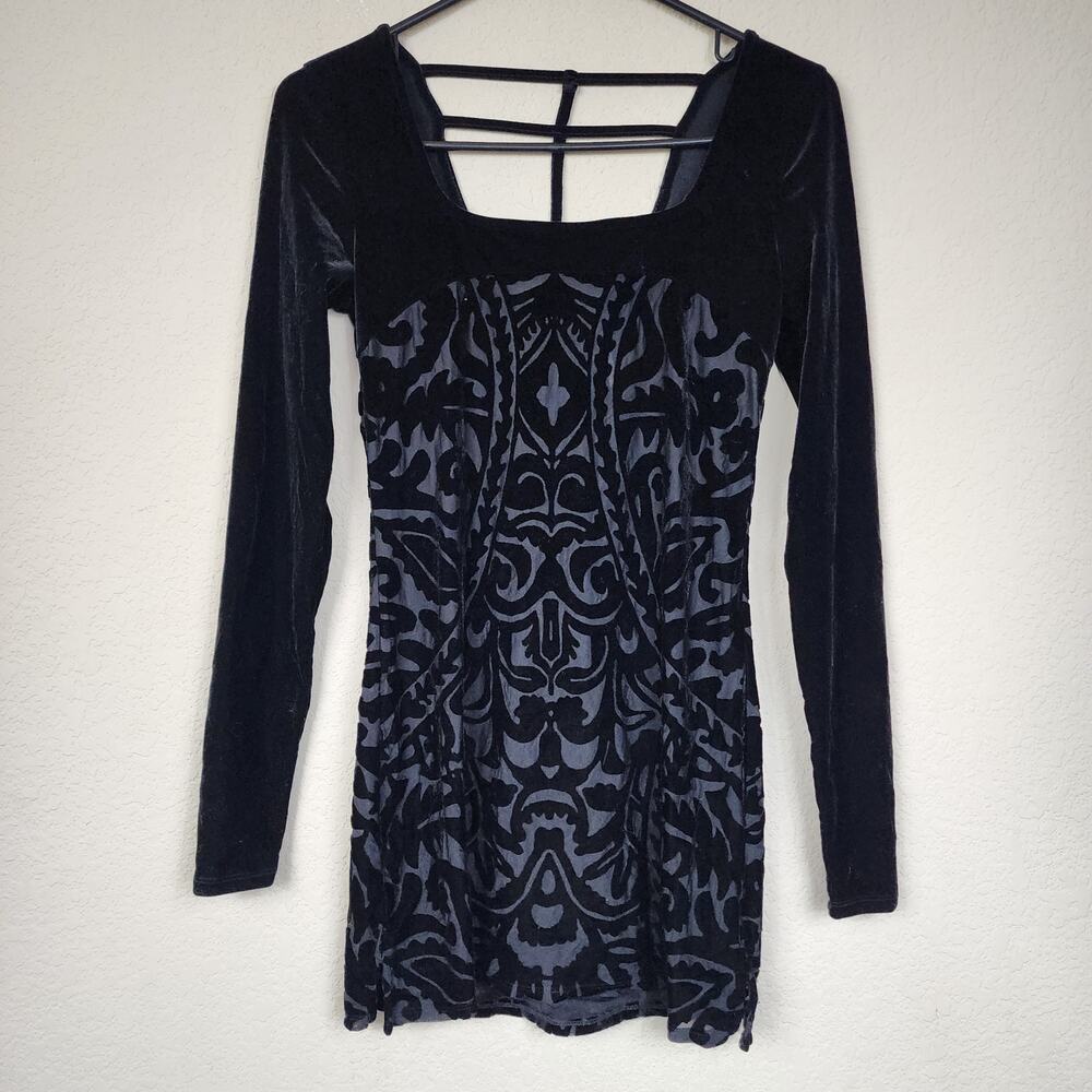 Free People Black Damask Brocade XS Mini Velvet Velour Dress
